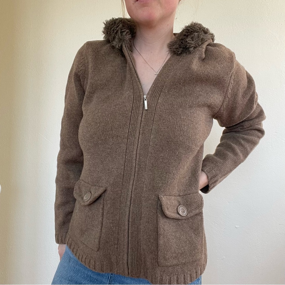 Vintage Wool Brown Hooded Zip Jacket with Faux-Fur Trim